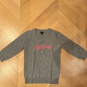 JCREW Grey Cashmere Sweater with Pink 'Darling' Embroidery